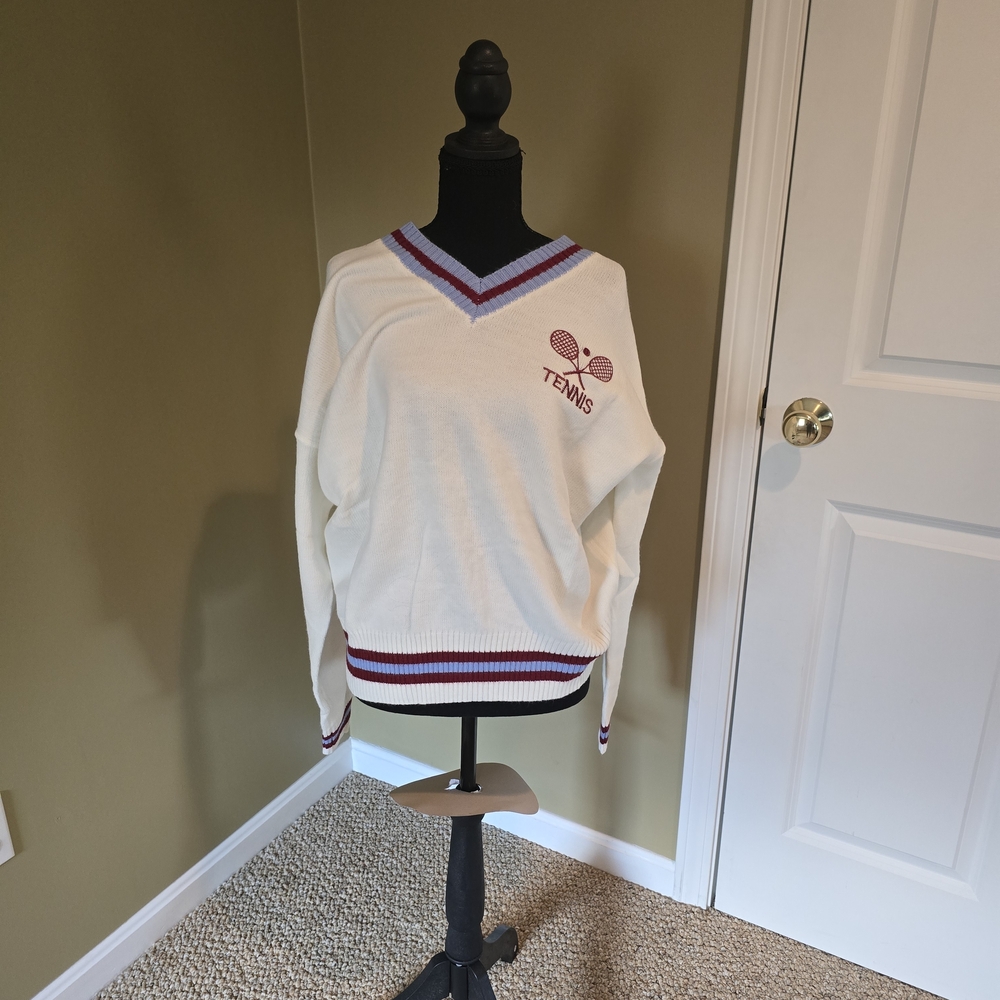 Cream Tennis V-Neck Sweater with Maroon & Purple Trim